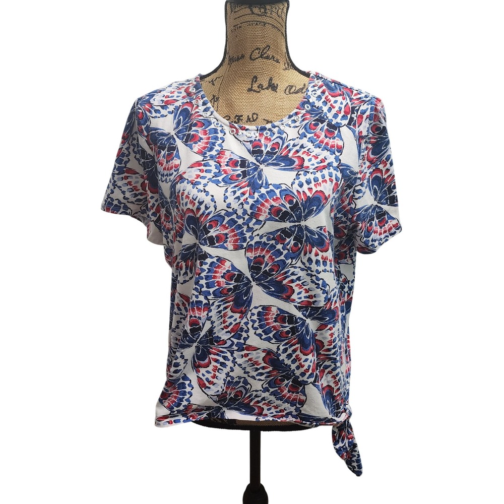 Butterfly Print Tie-Hem‎ Top Womens Short Sleeve Casual Blouse